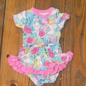 Floral Bunny Print Bodysuit - Pink and Blue